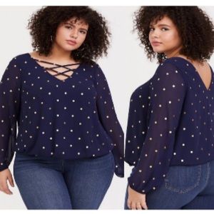 Torrid blue polka dot Lattice blouse